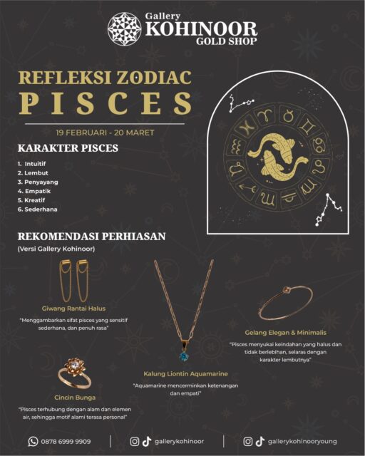 Pisces♓️
Berikut rekomendasi perhiasan Gallery Kohinoor yang cocok sesuai karakter zodiak mu✨
.
Dapatkan koleksi perhiasan emas model terbaru hanya di @gallerykohinoor
ALWAYS YOUNG & STAY GOLD🌟💫
.
.
More Info : ⤵️⤵️⤵️
Whatsapp : 087869999909
Our outlets :
Gallery Kohinoor : Jl. Sulawesi No. 106-108, Denpasar, Bali. (0361)237925
.
New Gallery Kohinoor : Jl. Sulawesi No. 80, Denpasar, Bali. (0361)8486111
.
Gallery Kohinoor Teuku Umar : Jl. Teuku umar No. 14, Denpasar, Bali. (0361)8488999
.
.
#gallerykohinoor #tokoemas #tokoemasdps #goldshop #perhiasanemas #tokoperhiasanemasbali #perhiasanemasdps
#weddingring #jewelry #fashion #gold
#newdesign #limited #likeforlike #bangles #necklace #ring #bracelet #pendant #earrings #diamond #instafashion #bestseller #style #luxury #yellowgold #whitegold #rosegold #jualantambali
TRUSTED GOLD SHOP GALLERY KOHINOOR ⭐ GET THE BEST DESIGNS AND MODELS WITH THE BEST PRICE AND LOTS OF CHOICES HERE 💗