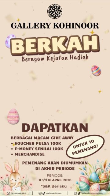 🎉 ROAD TO 200K FOLLOWERS GIVEAWAY! 🎉
Terima kasih sudah jadi bagian dari perjalanan @gallerykohinoor 💛
Sebagai bentuk apresiasi, kita mau bagi-bagi hadiah special buat kalian semua!
Cara ikutannya gampang banget, cukup:
PERSYARATAN :
1️⃣ Follow akun @gallerykohinoor @gallerykohinooryoung @gkfest
2️⃣ Like postingan giveaway ini ❤️
3️⃣ Comment jawaban sesuai tema di postingan
4️⃣ Tag minimal 3 teman aktif (boleh lebih biar peluang makin besar 😉)
5️⃣ Pastikan akun kamu tidak di-private saat pengumuman pemenang
🏆 KETENTUAN PEMENANG
🥇 3 pemenang dipilih dari jumlah like komentar terbanyak
🎲 4 pemenang dipilih secara acak dari jawaban yang benar
📝 3 pemenang dipilih dari komentar yang paling menarik
Semakin niat jawabnya, semakin besar peluang menang! 😆
Yuk bantu kita tembus 200K followers dan jadi salah satu pemenangnya! 🚀
📢 Pemenang akan diumumkan di akhir periode yaitu pada tanggal 16 April 2026 di @gallerykohinoor
#RoadTo200K #gallerykohinoor #tokoemasbali #giveaway #goldjewellry