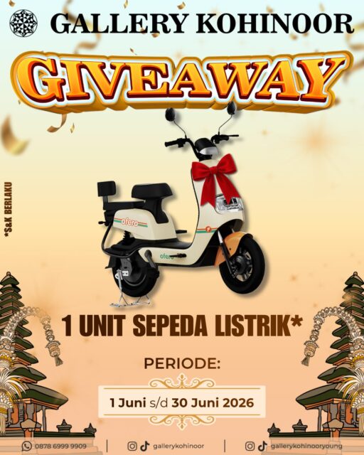 ✨Hai Sobat GK! Ada kabar baik nih!

GIVEAWAY SEPEDA LISTRIK | "CERITA EMASMU"
Diperpanjang sampai dengan 30 Juni 2026 ✨

Buat kamu yang belum upload video cerita pengalamanmu berbelanja di Gallery Kohinoor masih ada waktu yaa ❤

🎬 CARA IKUT:
Buat video Reels (max. 60 detik)
Ceritakan pengalaman kamu berbelanja di Gallery Kohinoor
(boleh cerita momen, pelayanan, kenangan, atau alasan kenapa kamu pilih GK)
Upload di Instagram kamu sebelum akhir periode (30 Juni 2026)

📌 SYARAT WAJIB:
- Upload video di akunmu sendiri
- Follow akun:
@gallerykohinoor
@gallerykohinooryoung
@gkfest_
- Tag ketiga akun tersebut di caption
- Gunakan hashtag:
#ceritaemasmu
#gallerykohinoor
- Akun tidak boleh private
- Wajib isi form pendaftaran di link (https://forms.gle/Km21DskhzbhfN85v9)
⚠️ Tanpa isi form = tidak masuk penilaian

📅 PERIODE:
Upload Video → 1-25 Juni 2026
Periode Penilaian → 25-30 Juni 2026
Pengumuman Pemenang → 3 Juli 2026

📊 PENILAIAN:
🔹 70% Engagement
(Views, Likes, Comments)
🔹 30% Penilaian Tim
(Kreativitas, Storytelling, Kesesuaian tema)

🏆 HADIAH:
🎉 1 Unit Sepeda Listrik untuk 1 pemenang utama!

⚠️ ATURAN TAMBAHAN:
- Dilarang menggunakan bot / fake engagement
- Konten harus original & tidak melanggar norma
- Panitia berhak mendiskualifikasi peserta yang melanggar
- Keputusan juri bersifat mutlak

📢 CATATAN:

Dengan mengikuti program ini, kamu setuju bahwa kontenmu dapat digunakan kembali oleh Gallery Kohinoor untuk kebutuhan promosi.

🔥 Ini bukan soal seberapa mahal emasnya…
tapi cerita di baliknya.

Yuk, ceritakan pengalamanmu dan jadikan itu kemenangan ✨

#tokoemas #goldshop #giveaway